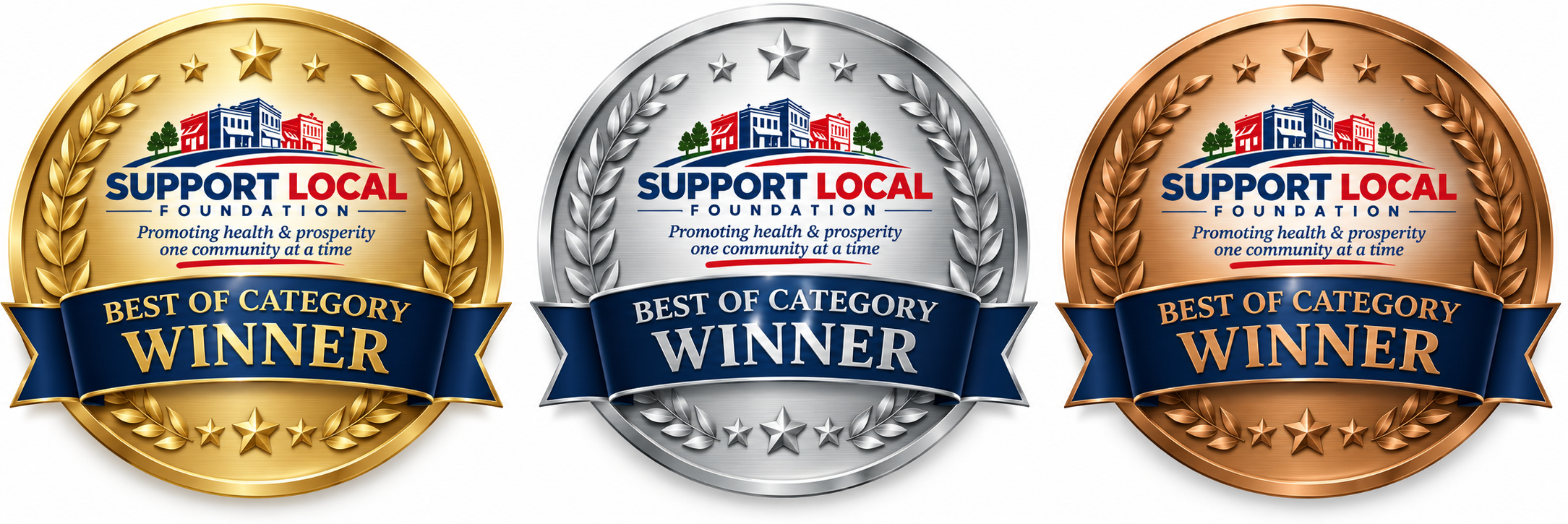 Support Local Foundation Gold, Silver, and Bronze Best of Category Winner medallions